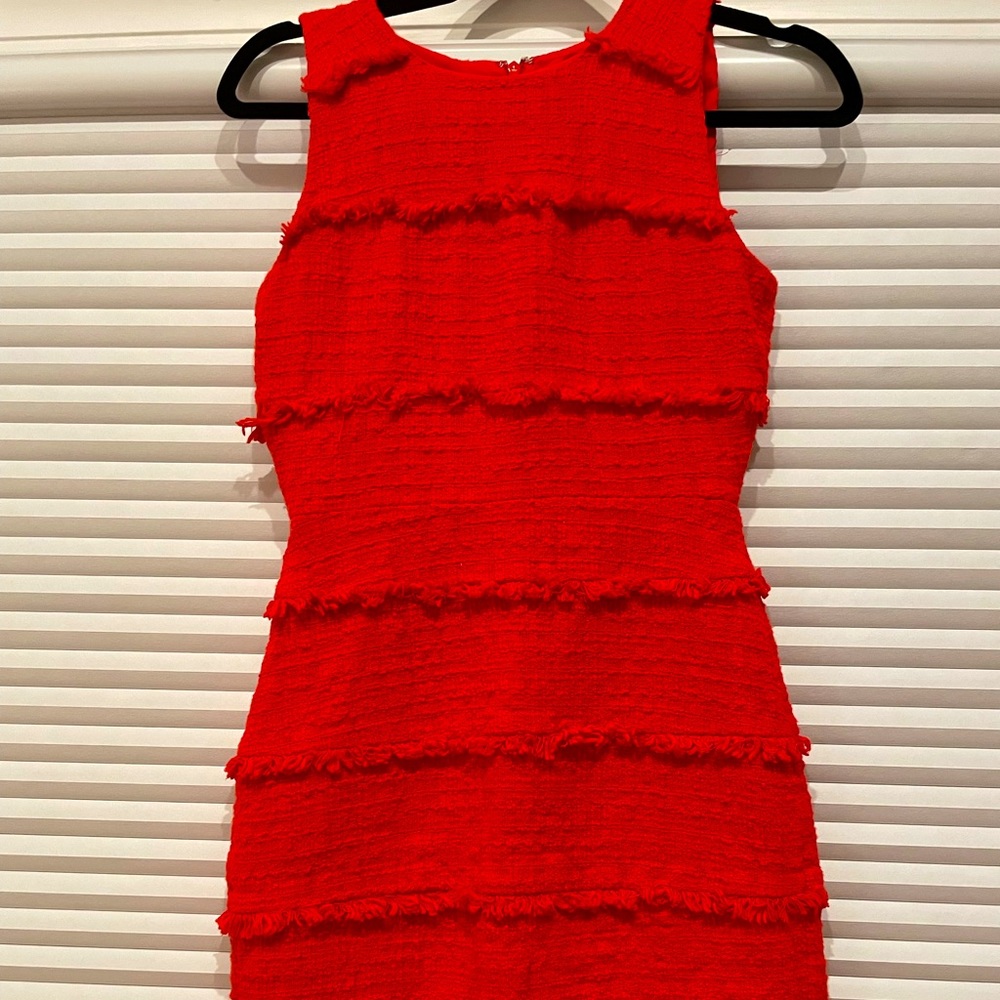 Red J Crew shift dress with fringe detail